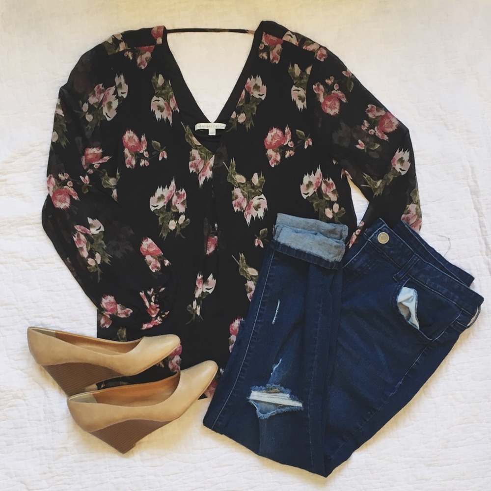 Daniel Rainn Floral Blouse with Sheer Sleeves